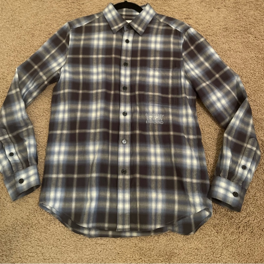 Burberry London Women’s Blue Check Shirt Blouse Oversize with logo